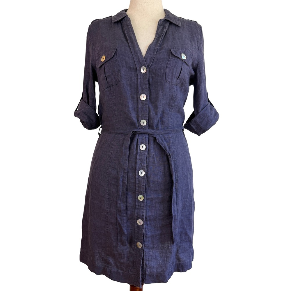 Malvin Shirt Dress Women Large Navy Blue 100% Linen Safari Roll Tab Sleeve Belt